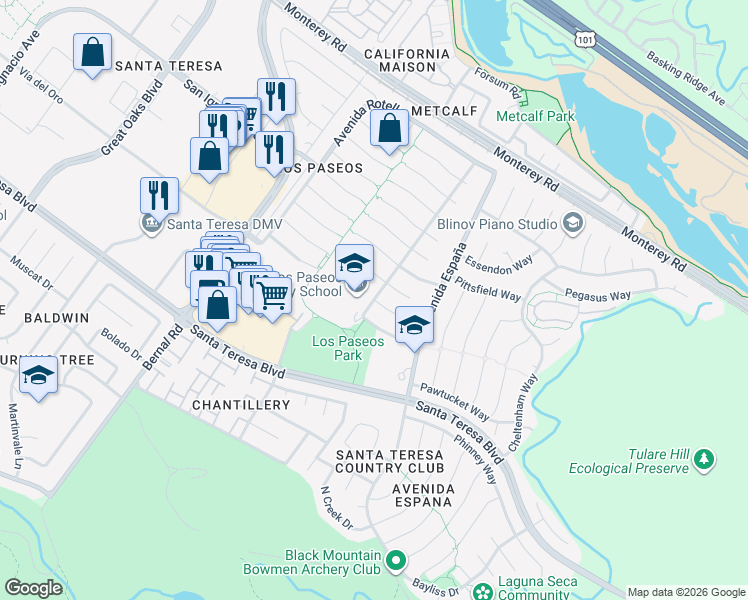 map of restaurants, bars, coffee shops, grocery stores, and more near 7207 Vía Bella in San Jose