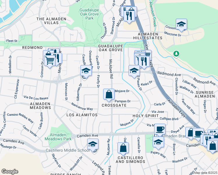 map of restaurants, bars, coffee shops, grocery stores, and more near 1301 Deb Court in San Jose