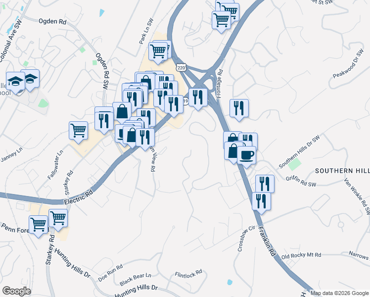 map of restaurants, bars, coffee shops, grocery stores, and more near 5422 The Peaks Drive in Roanoke