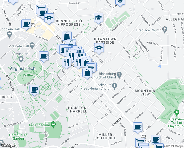 map of restaurants, bars, coffee shops, grocery stores, and more near 400 South Main Street in Blacksburg