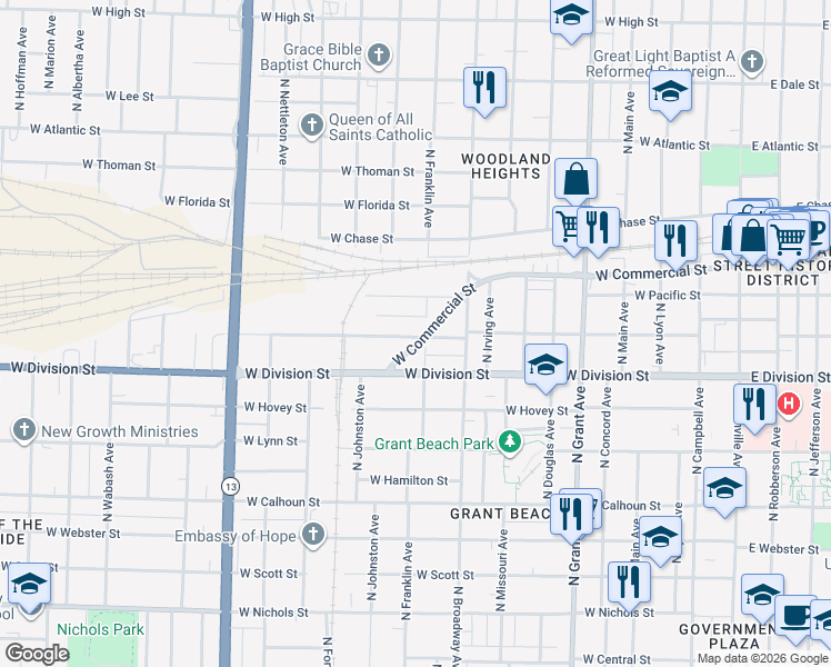 map of restaurants, bars, coffee shops, grocery stores, and more near 1100 West Commercial Street in Springfield