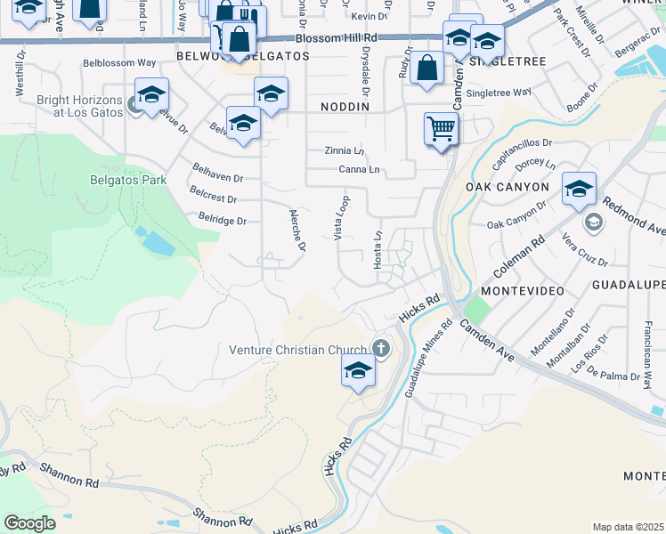 map of restaurants, bars, coffee shops, grocery stores, and more near 5961 Vista Loop in San Jose