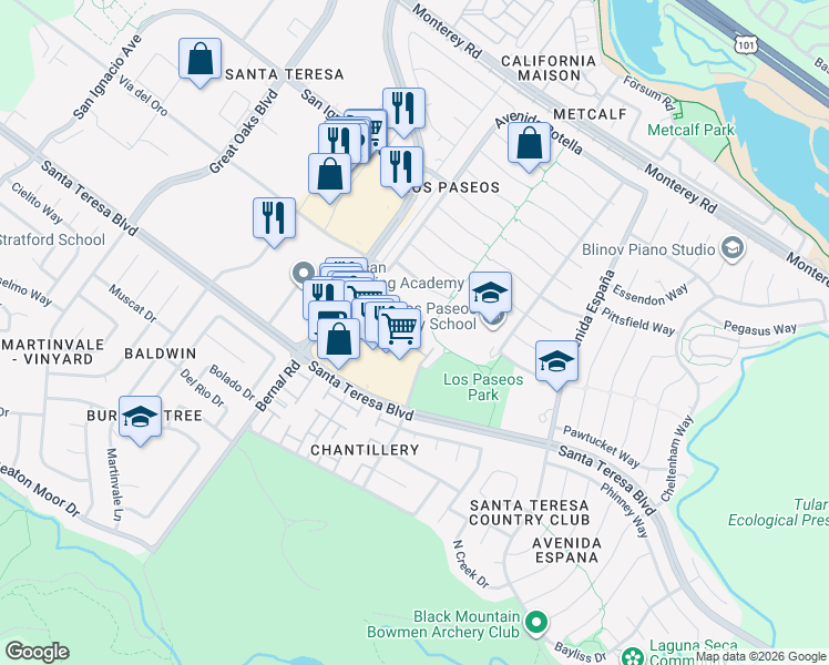 map of restaurants, bars, coffee shops, grocery stores, and more near 7147 Rouse Court in San Jose