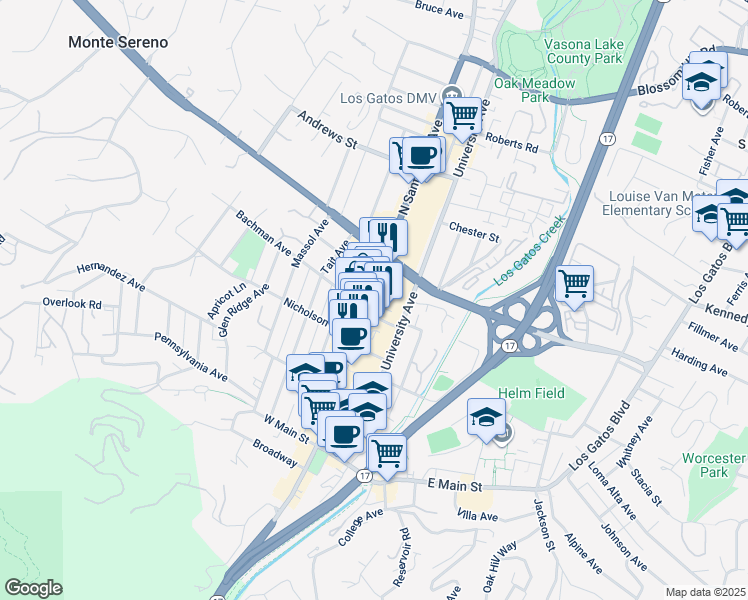 map of restaurants, bars, coffee shops, grocery stores, and more near 242 North Santa Cruz Avenue in Los Gatos