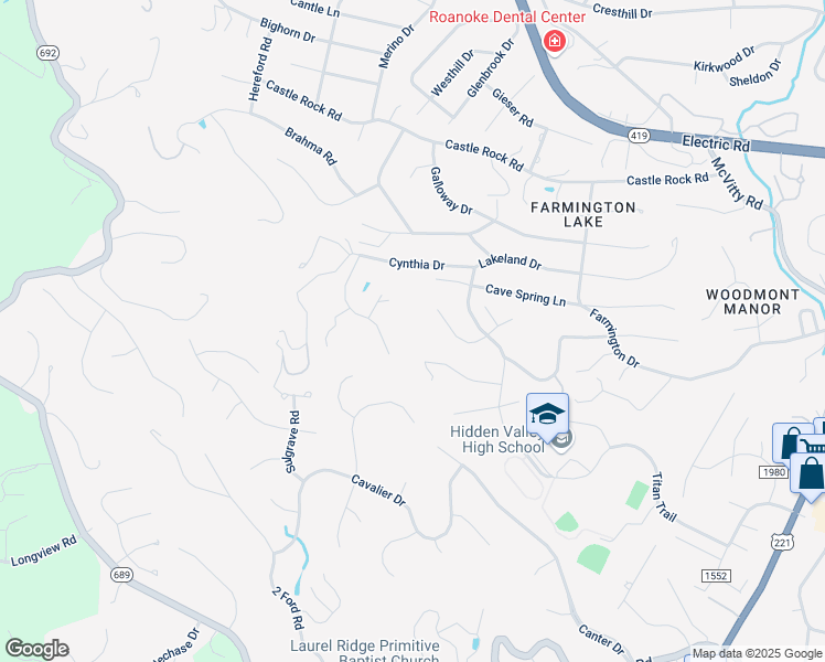 map of restaurants, bars, coffee shops, grocery stores, and more near 5460 Linda Lane in Cave Spring