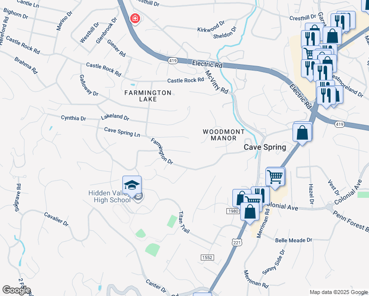 map of restaurants, bars, coffee shops, grocery stores, and more near 5217 Luwana Drive in Cave Spring