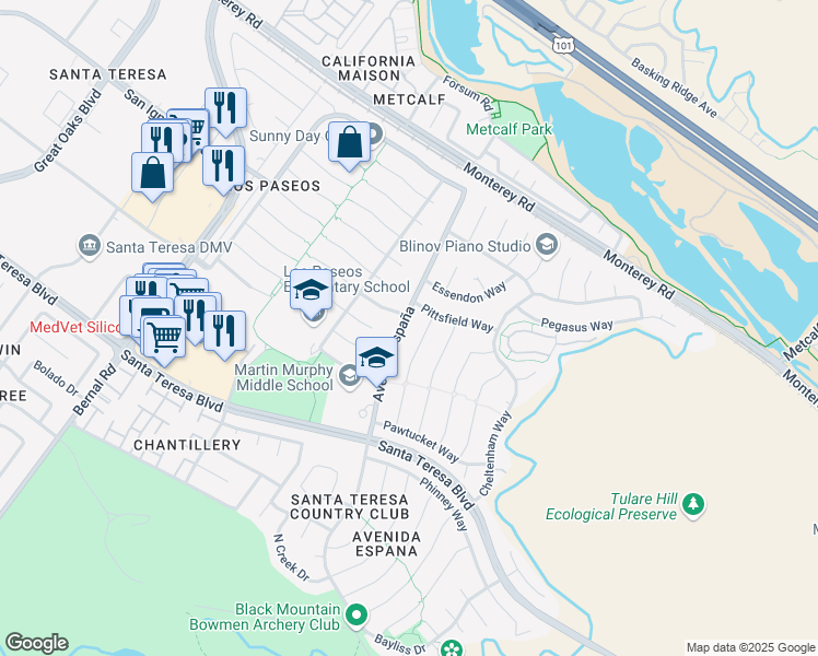 map of restaurants, bars, coffee shops, grocery stores, and more near 110 Avenida España in San Jose