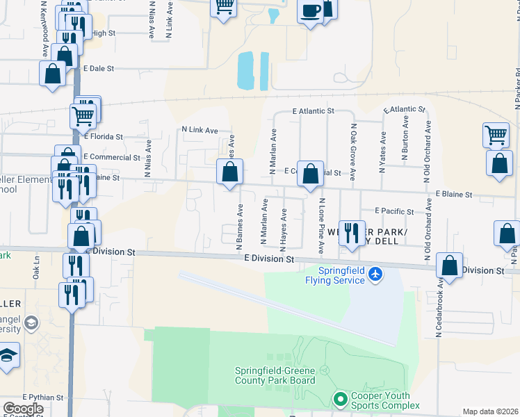 map of restaurants, bars, coffee shops, grocery stores, and more near 1612 North Barnes Avenue in Springfield