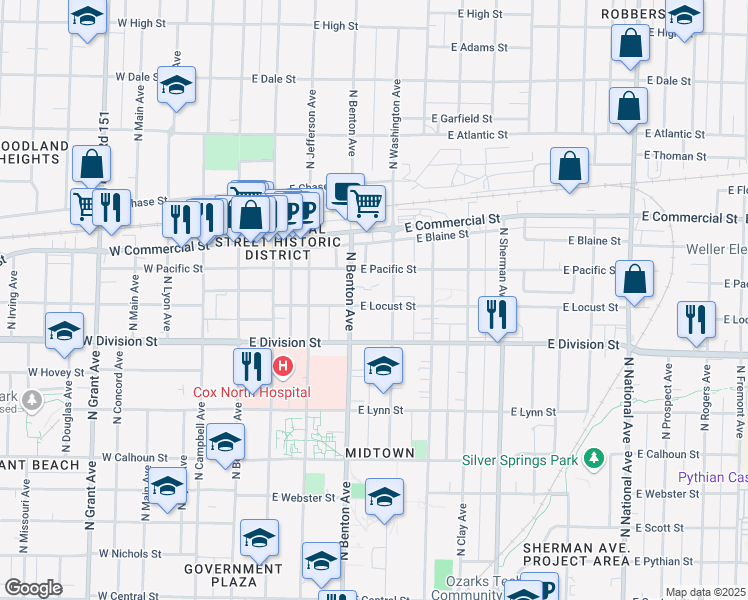 map of restaurants, bars, coffee shops, grocery stores, and more near 527 East Locust Street in Springfield