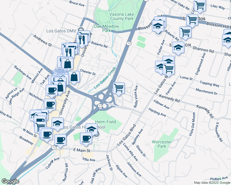 map of restaurants, bars, coffee shops, grocery stores, and more near California 17 in Los Gatos