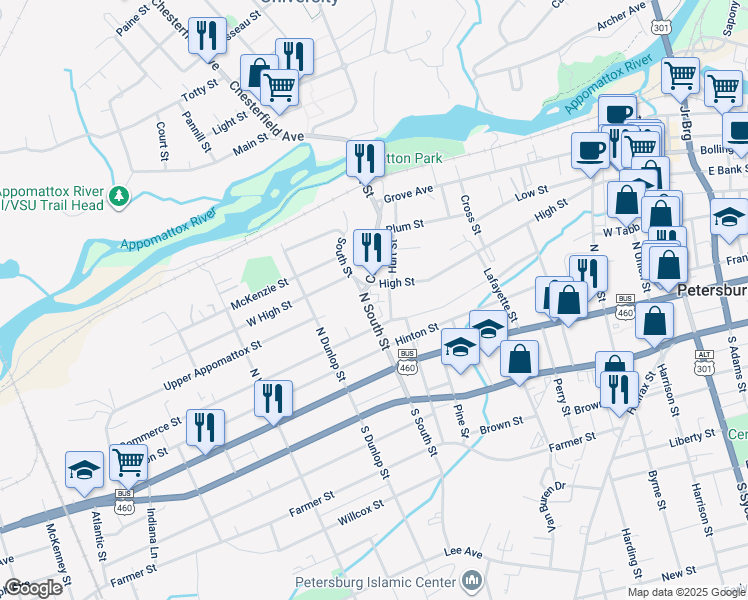 map of restaurants, bars, coffee shops, grocery stores, and more near 215 North South Street in Petersburg