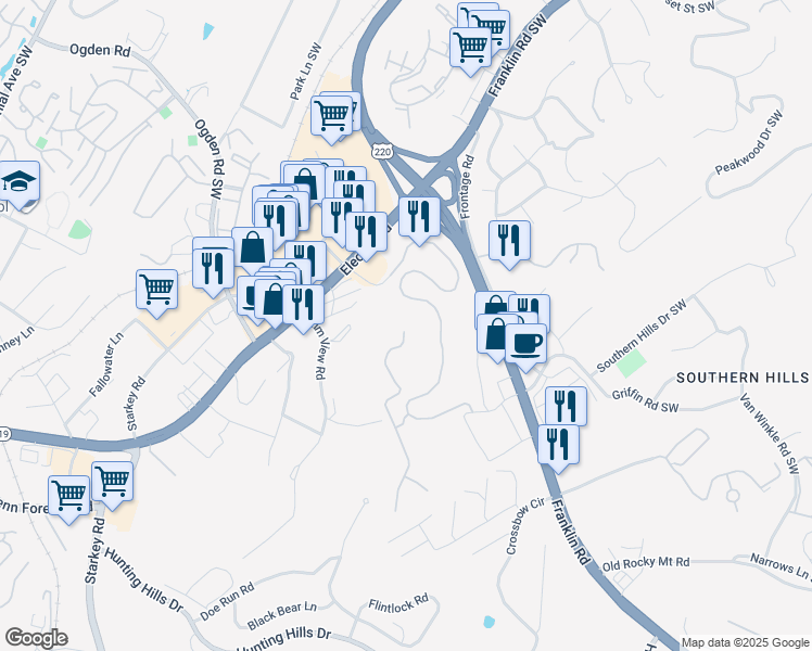map of restaurants, bars, coffee shops, grocery stores, and more near 5422 The Peaks Drive in Roanoke