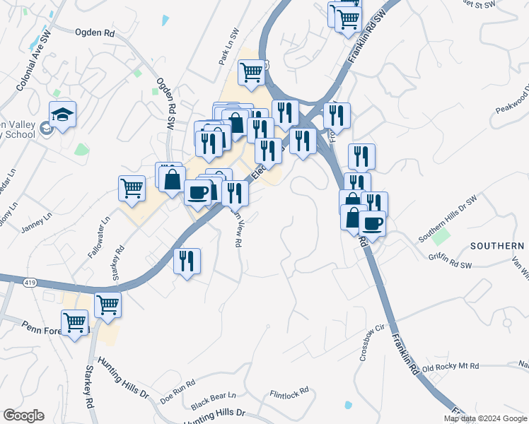 map of restaurants, bars, coffee shops, grocery stores, and more near 4252 Elm View Road in Cave Spring