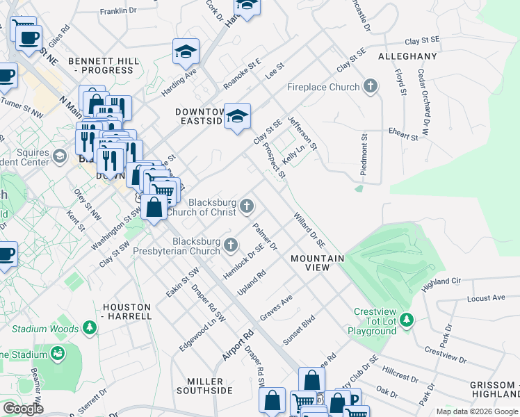 map of restaurants, bars, coffee shops, grocery stores, and more near 400-498 Eakin Street Southeast in Blacksburg