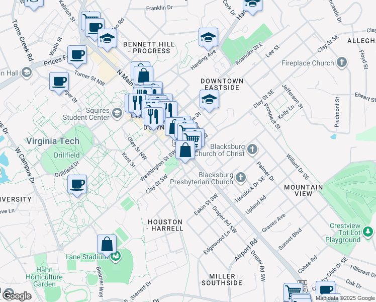 map of restaurants, bars, coffee shops, grocery stores, and more near 400 South Main Street in Blacksburg