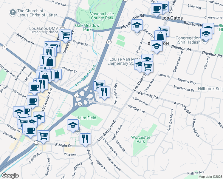 map of restaurants, bars, coffee shops, grocery stores, and more near 164 Maggi Court in Los Gatos
