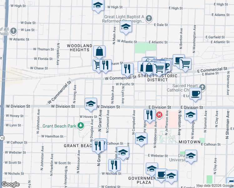 map of restaurants, bars, coffee shops, grocery stores, and more near 1529 North Lyon Avenue in Springfield