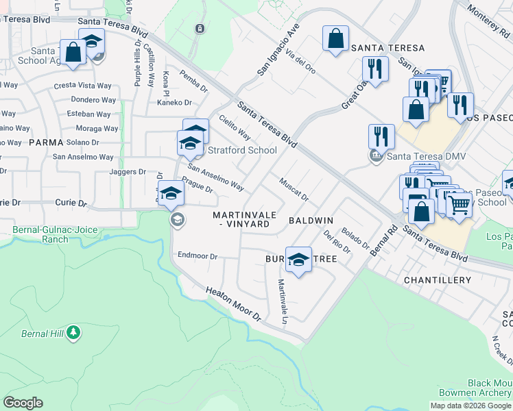 map of restaurants, bars, coffee shops, grocery stores, and more near 243 Moselle Court in San Jose