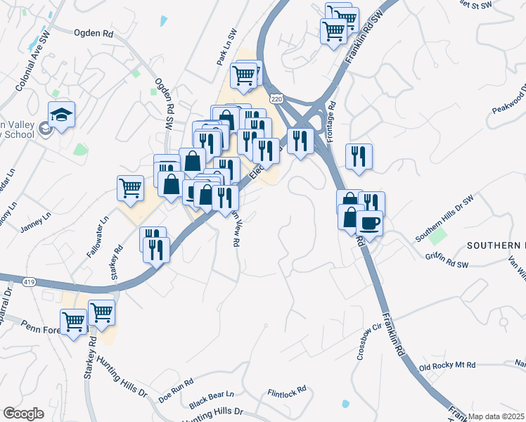 map of restaurants, bars, coffee shops, grocery stores, and more near 4230 Elm View Road in Roanoke