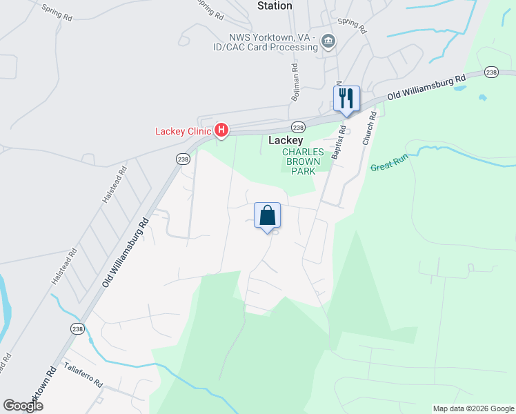 map of restaurants, bars, coffee shops, grocery stores, and more near 204 Foster Road in Yorktown