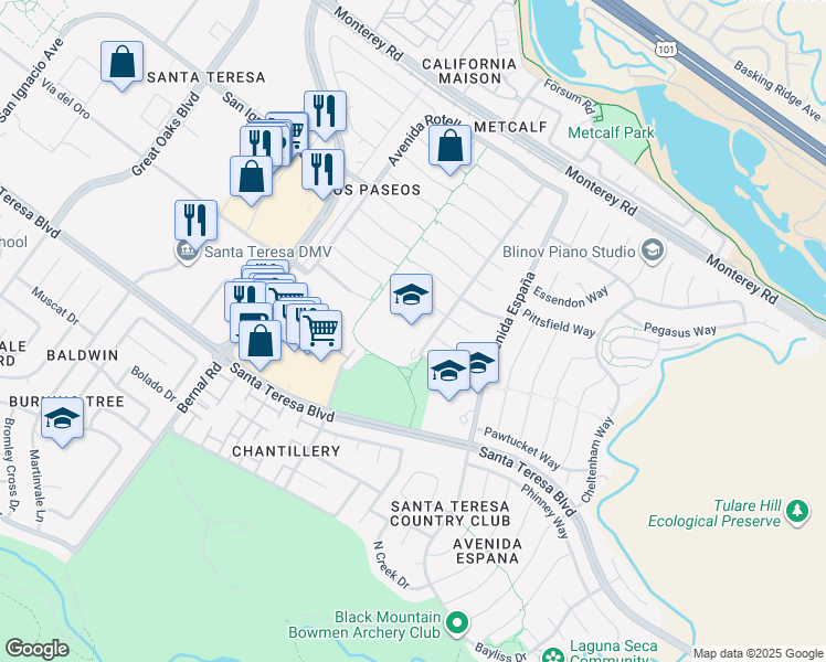 map of restaurants, bars, coffee shops, grocery stores, and more near 121 Avenida Grande in San Jose