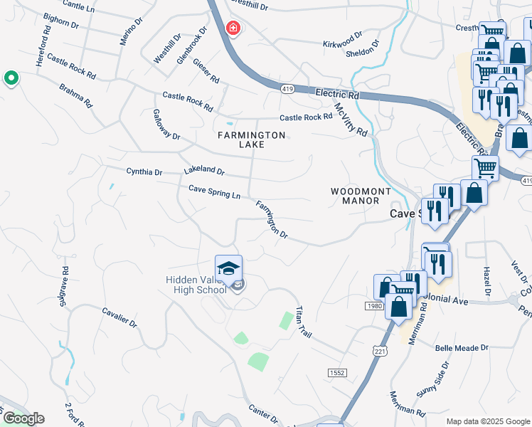 map of restaurants, bars, coffee shops, grocery stores, and more near 5303 Luwana Drive in Roanoke