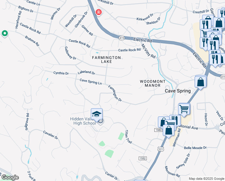 map of restaurants, bars, coffee shops, grocery stores, and more near 5303 Luwana Drive in Roanoke