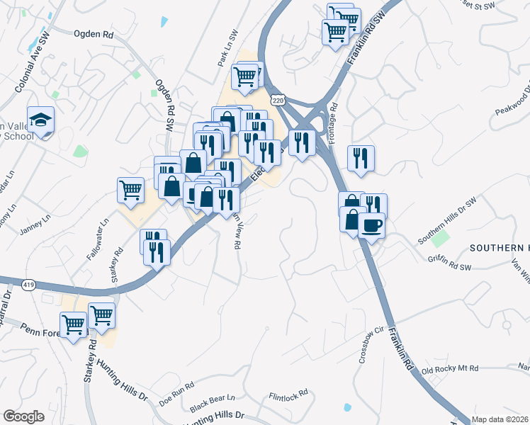 map of restaurants, bars, coffee shops, grocery stores, and more near 4230 Elm View Road in Cave Spring