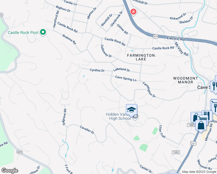 map of restaurants, bars, coffee shops, grocery stores, and more near 3326 Dawn Circle in Cave Spring