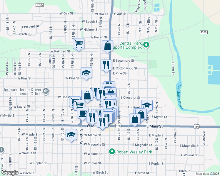map of restaurants, bars, coffee shops, grocery stores, and more near in Independence