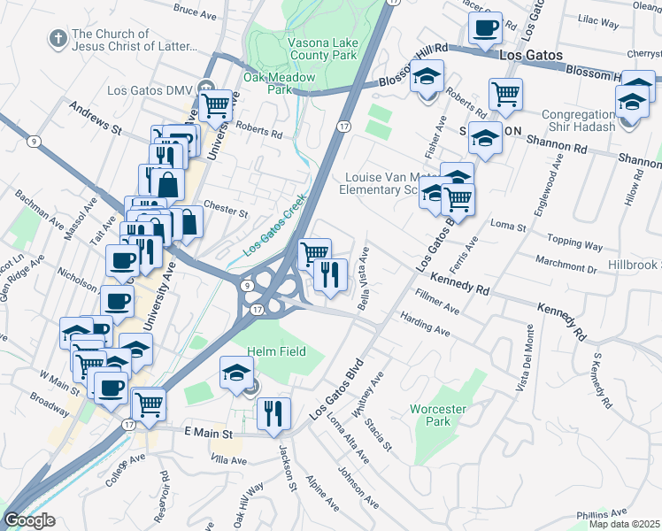 map of restaurants, bars, coffee shops, grocery stores, and more near 409 Alberto Way in Los Gatos