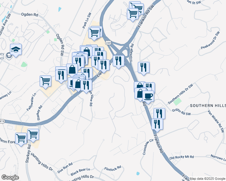 map of restaurants, bars, coffee shops, grocery stores, and more near 5400 The Peaks Drive in Roanoke