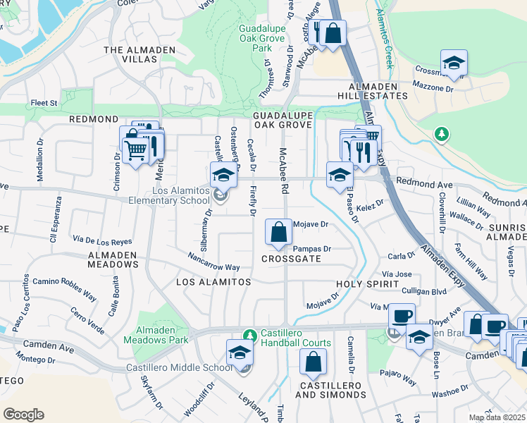 map of restaurants, bars, coffee shops, grocery stores, and more near 6207 McAbee Road in San Jose