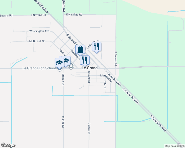 map of restaurants, bars, coffee shops, grocery stores, and more near 13284 Marshall Street in Le Grand
