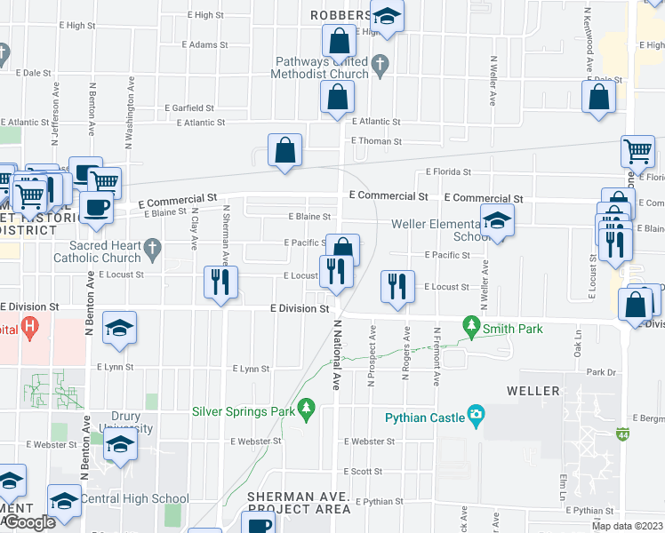 map of restaurants, bars, coffee shops, grocery stores, and more near 1609 North National Avenue in Springfield