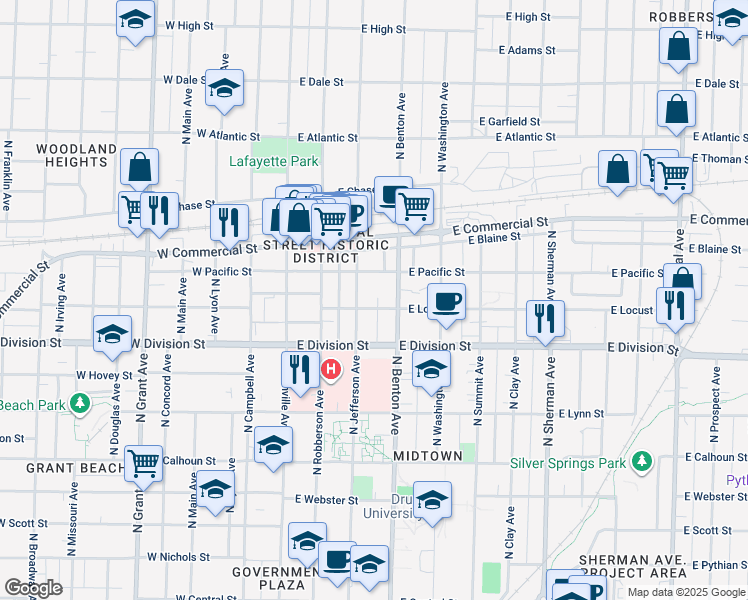map of restaurants, bars, coffee shops, grocery stores, and more near 417 East Locust Street in Springfield