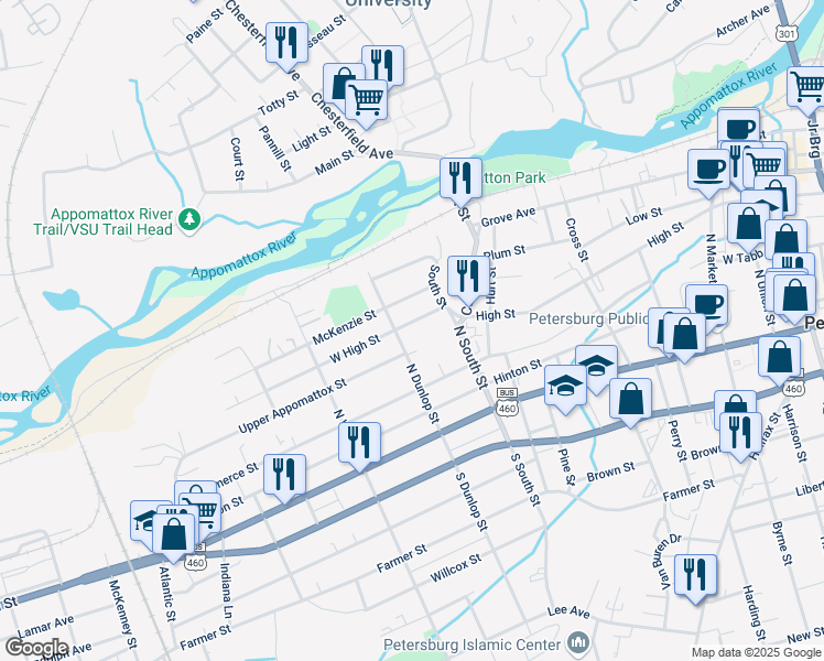 map of restaurants, bars, coffee shops, grocery stores, and more near 304 North Dunlop Street in Petersburg