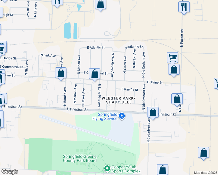 map of restaurants, bars, coffee shops, grocery stores, and more near 1700 North Engel Avenue in Springfield