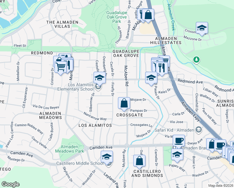 map of restaurants, bars, coffee shops, grocery stores, and more near 6266 Firefly Drive in San Jose