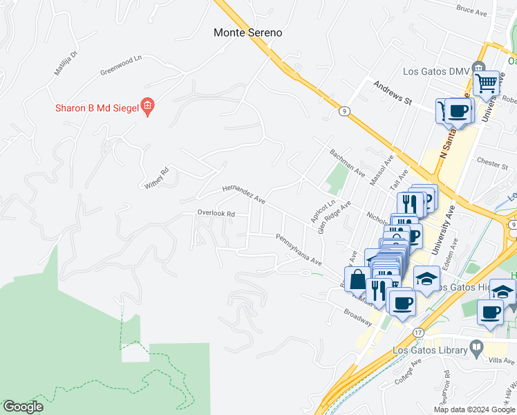 map of restaurants, bars, coffee shops, grocery stores, and more near 15 Walnut Avenue in Los Gatos