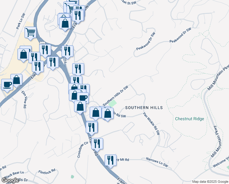 map of restaurants, bars, coffee shops, grocery stores, and more near 4266 Southern Hills Drive Southwest in Roanoke