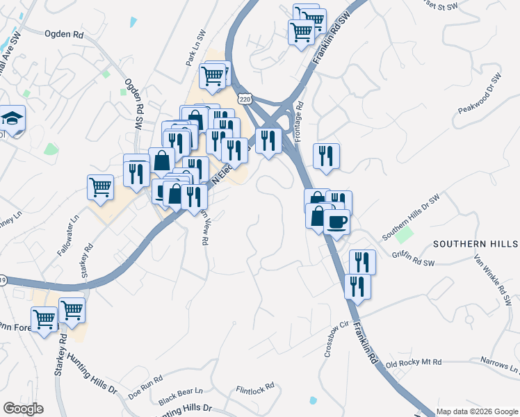 map of restaurants, bars, coffee shops, grocery stores, and more near 5422 The Peaks Drive in Roanoke