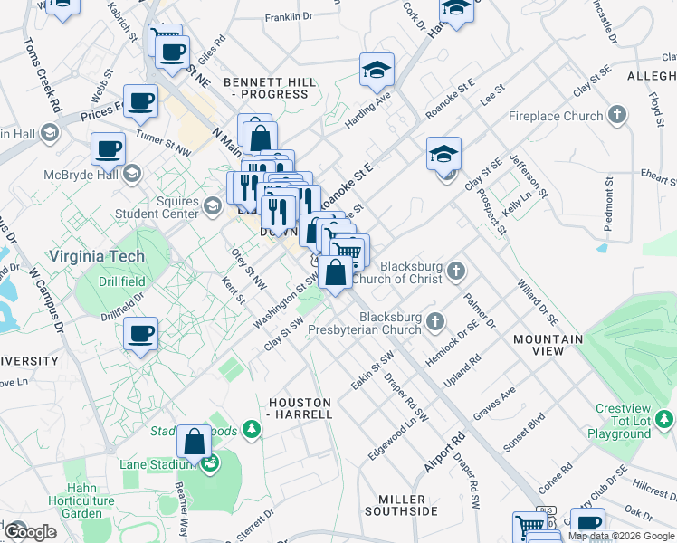 map of restaurants, bars, coffee shops, grocery stores, and more near 400 South Main Street in Blacksburg