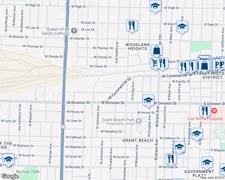map of restaurants, bars, coffee shops, grocery stores, and more near 1100 West Commercial Street in Springfield
