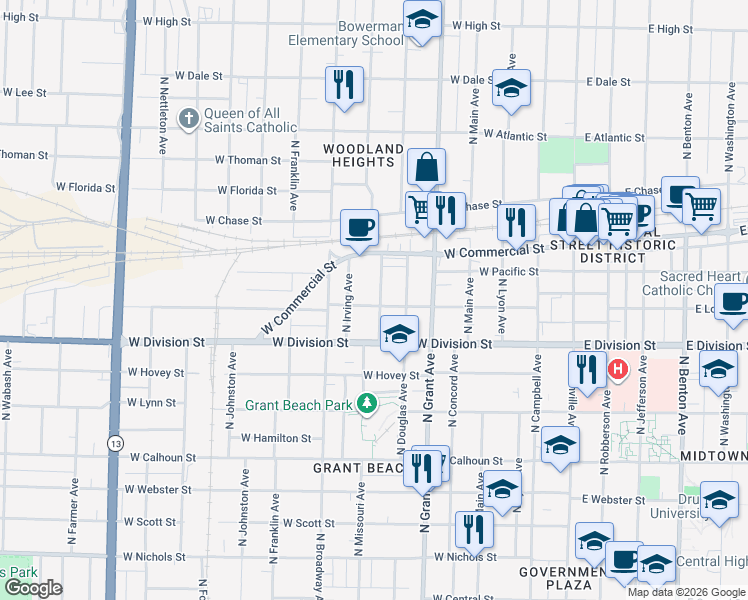 map of restaurants, bars, coffee shops, grocery stores, and more near 1522 North Missouri Avenue in Springfield