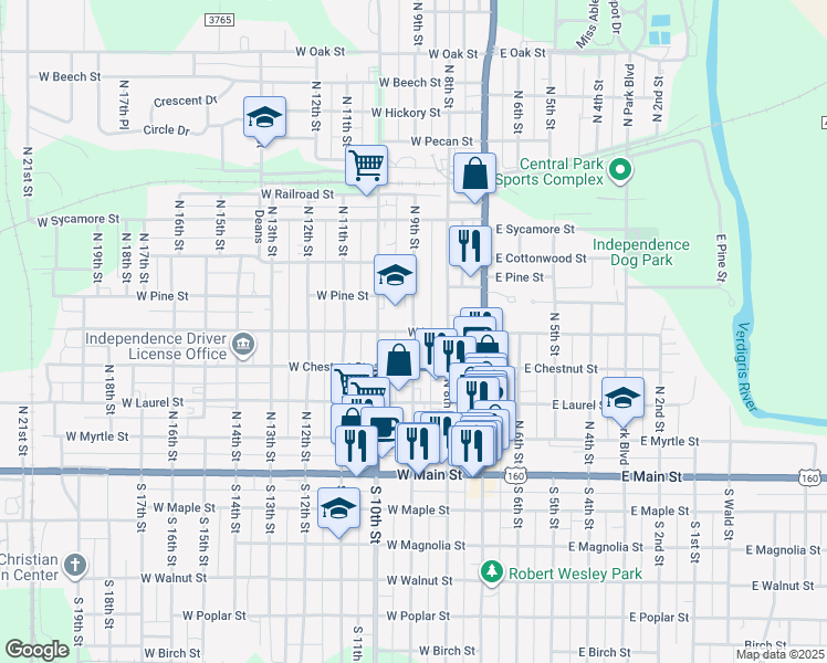 map of restaurants, bars, coffee shops, grocery stores, and more near 300 West Locust Street in Independence
