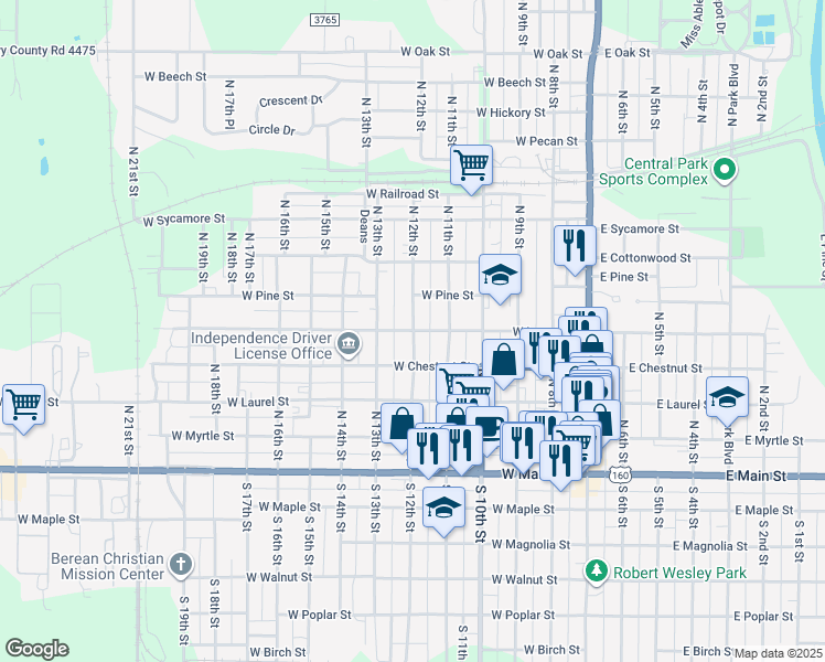 map of restaurants, bars, coffee shops, grocery stores, and more near 499 N 12th St in Independence