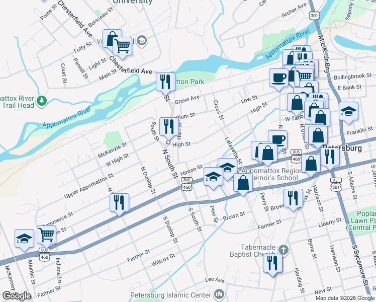 map of restaurants, bars, coffee shops, grocery stores, and more near 645 Commerce Street in Petersburg
