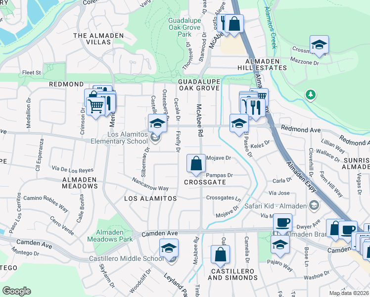 map of restaurants, bars, coffee shops, grocery stores, and more near 6207 McAbee Road in San Jose