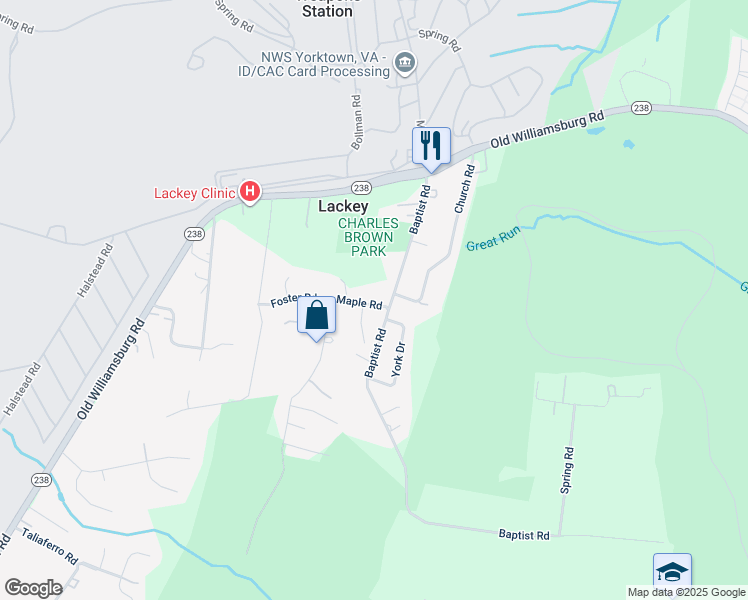 map of restaurants, bars, coffee shops, grocery stores, and more near 104 Maple Road in Yorktown